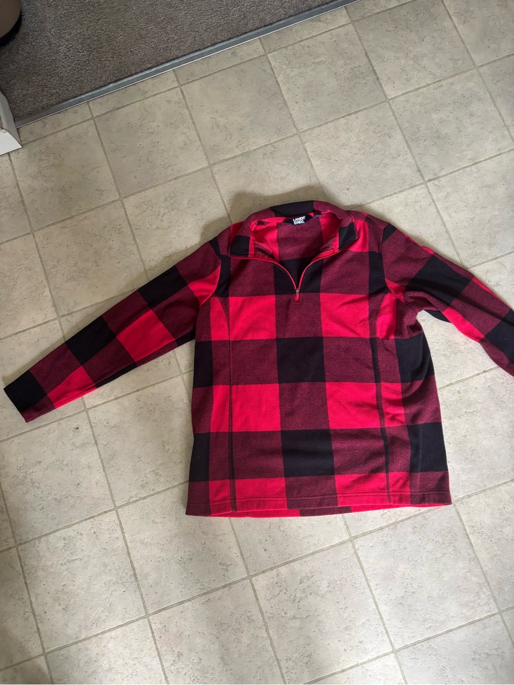 Lands' End Red and Black Buffalo Plaid Fleece Pullover